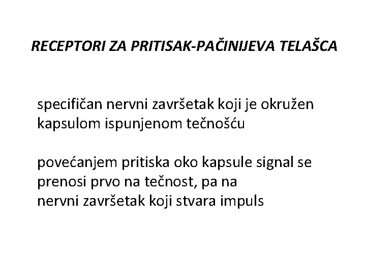 RECEPTORI ZA PRITISAK-PAČINIJEVA TELAŠCA specifičan nervni završetak koji je okružen kapsulom ispunjenom tečnošću povećanjem RECEPTORI ZA PRITISAK-PAČINIJEVA TELAŠCA specifičan nervni završetak koji je okružen kapsulom ispunjenom tečnošću povećanjem