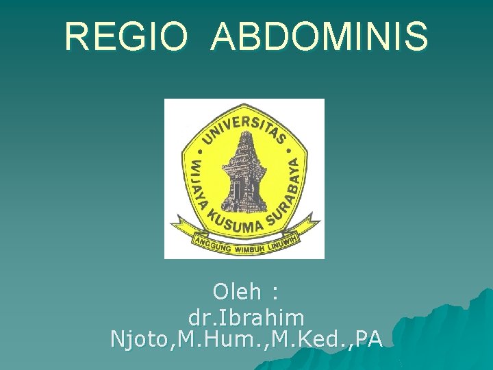 REGIO ABDOMINIS Oleh : dr. Ibrahim Njoto, M. Hum. , M. Ked. , PA