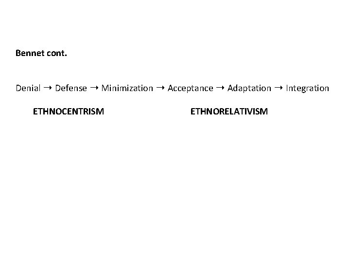 Bennet cont. Denial ➝ Defense ➝ Minimization ➝ Acceptance ➝ Adaptation ➝ Integration ETHNOCENTRISM