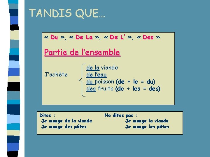 TANDIS QUE… « Du » , « De La » , « De L’ TANDIS QUE… « Du » , « De La » , « De L’