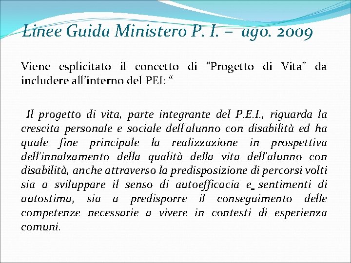 Linee Guida Ministero P. I. – ago. 2009 Viene esplicitato il concetto di “Progetto