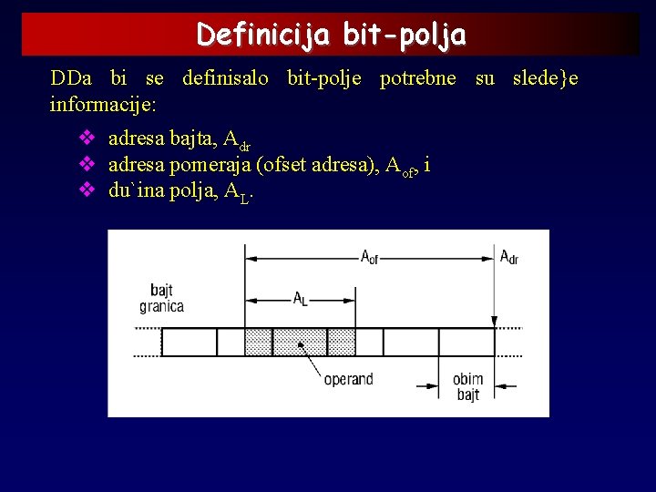 Definicija bit-polja DDa bi se definisalo bit-polje potrebne su slede}e informacije: v adresa bajta,