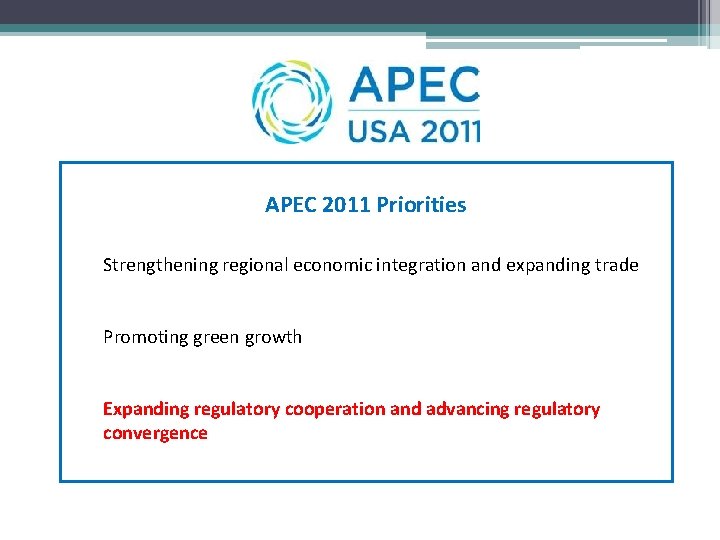 APEC 2011 Priorities Strengthening regional economic integration and expanding trade Promoting green growth Expanding