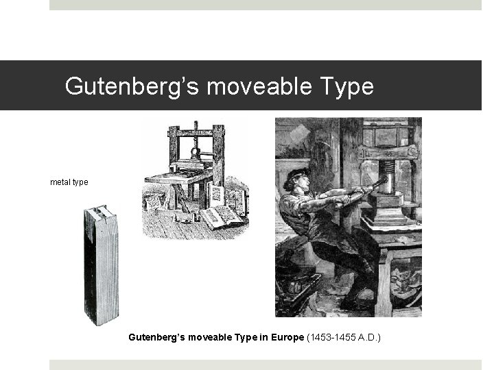 Gutenberg’s moveable Type metal type Gutenberg’s moveable Type in Europe (1453 -1455 A. D.