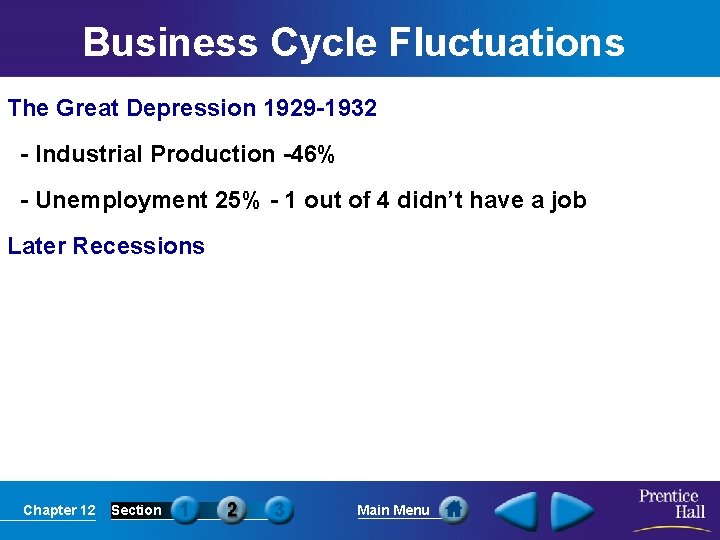 Business Cycle Fluctuations The Great Depression 1929 -1932 - Industrial Production -46% - Unemployment