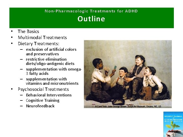 Non-Pharmacologic Treatments for ADHD Outline • The Basics • Multimodal Treatments • Dietary Treatments: