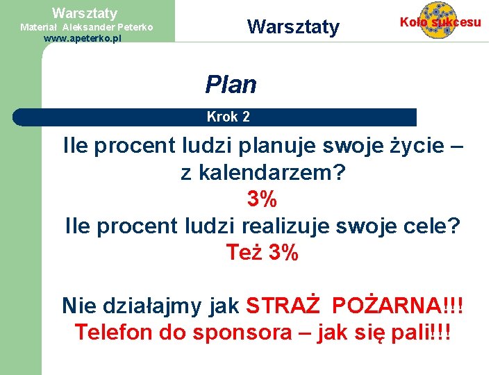 Warsztaty Materiał Aleksander Peterko www. apeterko. pl Warsztaty Koło sukcesu Plan Krok 2 Ile