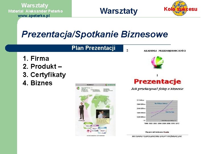 Warsztaty Materiał Aleksander Peterko www. apeterko. pl Warsztaty Prezentacja/Spotkanie Plan Prezentacji 1. Firma 2.