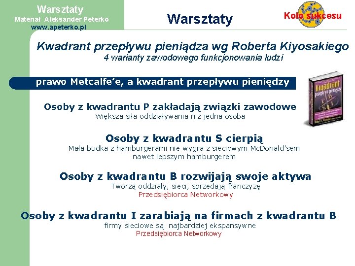 Warsztaty Materiał Aleksander Peterko www. apeterko. pl Warsztaty Koło sukcesu Kwadrant przepływu pieniądza wg