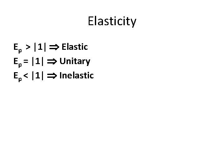 Elasticity Ep > |1| Elastic Ep = |1| Unitary Ep < |1| Inelastic 