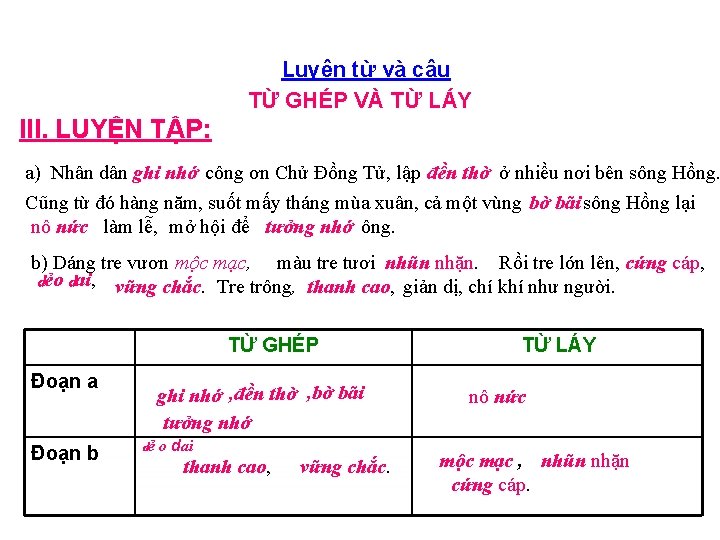 Luyện từ và câu TỪ GHÉP VÀ TỪ LÁY III. LUYỆN TẬP: a) Nhân