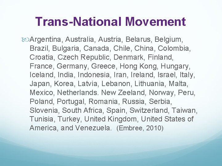 Trans-National Movement Argentina, Australia, Austria, Belarus, Belgium, Brazil, Bulgaria, Canada, Chile, China, Colombia, Croatia,