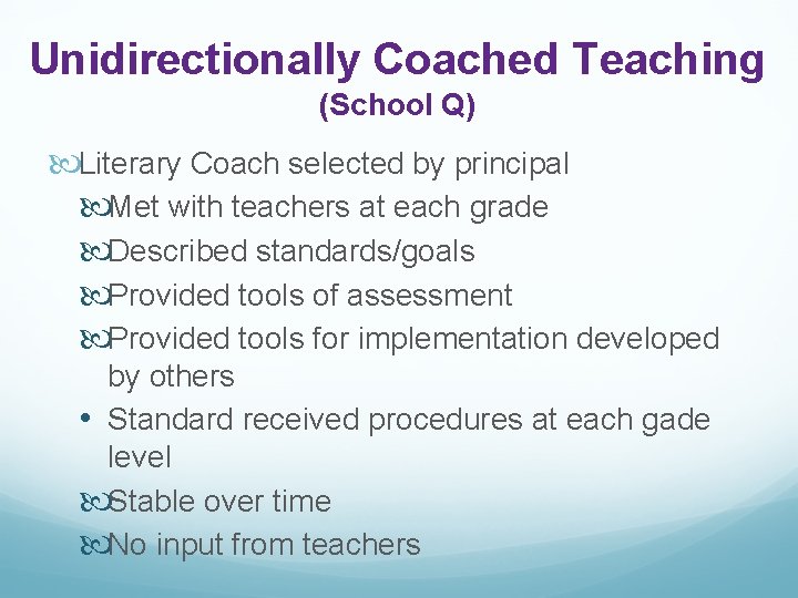 Unidirectionally Coached Teaching (School Q) Literary Coach selected by principal Met with teachers at