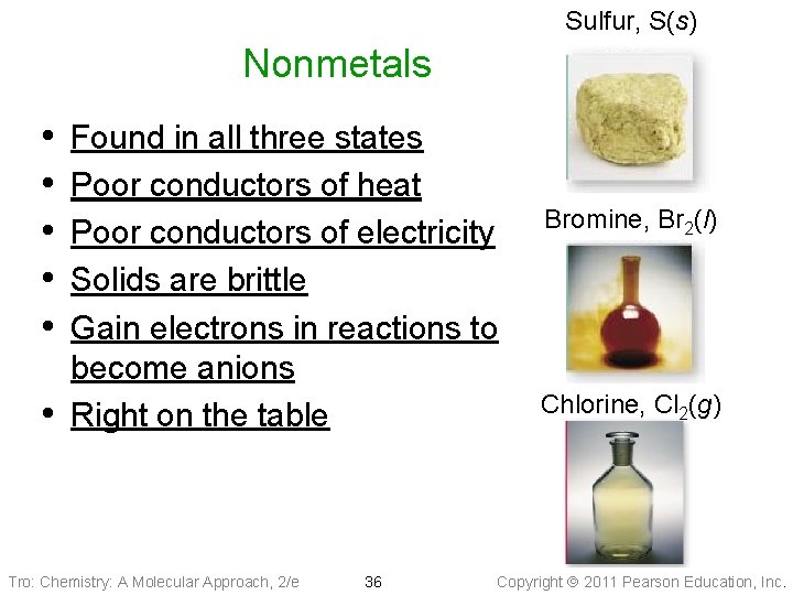 Sulfur, S(s) Nonmetals • • • Found in all three states Poor conductors of