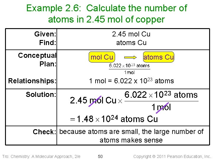 Example 2. 6: Calculate the number of atoms in 2. 45 mol of copper