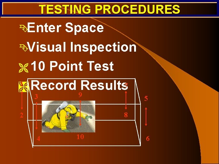 TESTING PROCEDURES ÊEnter Space ÊVisual Inspection Ë 10 Point Test 1 Ì Record Results TESTING PROCEDURES ÊEnter Space ÊVisual Inspection Ë 10 Point Test 1 Ì Record Results