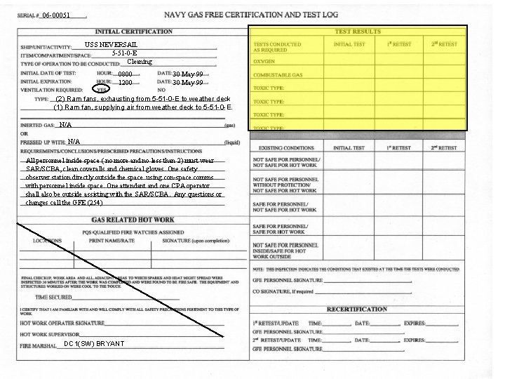06 -00051 USS NEVERSAIL 5 -51 -0 -E Cleaning 0800 1200 30 May 99 06 -00051 USS NEVERSAIL 5 -51 -0 -E Cleaning 0800 1200 30 May 99