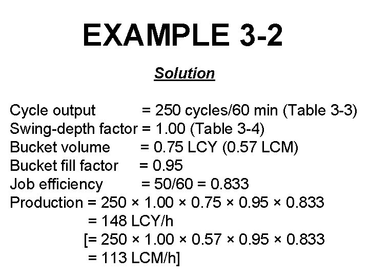 EXAMPLE 3 -2 Solution Cycle output = 250 cycles/60 min (Table 3 -3) Swing-depth