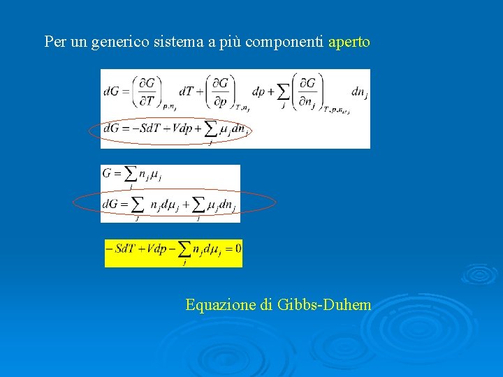 Per un generico sistema a più componenti aperto Equazione di Gibbs-Duhem 