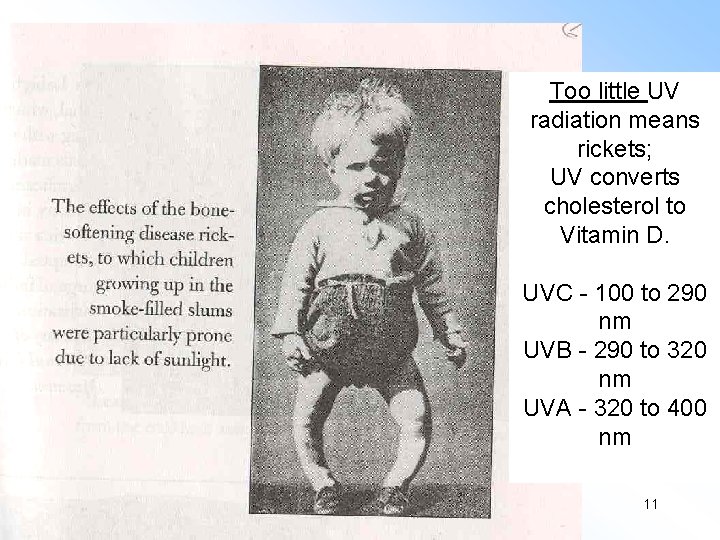 Too little UV radiation means rickets; UV converts cholesterol to Vitamin D. UVC -