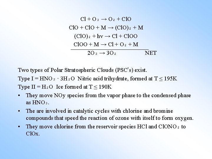 Cl + O₃ → O₂ + Cl. O + M → (Cl. O)₂ +