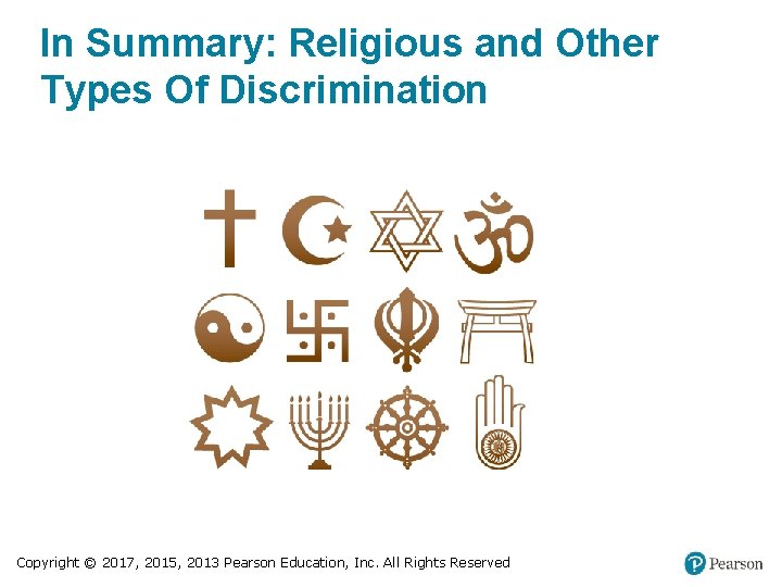 In Summary: Religious and Other Types Of Discrimination Copyright © 2017, 2015, 2013 Pearson