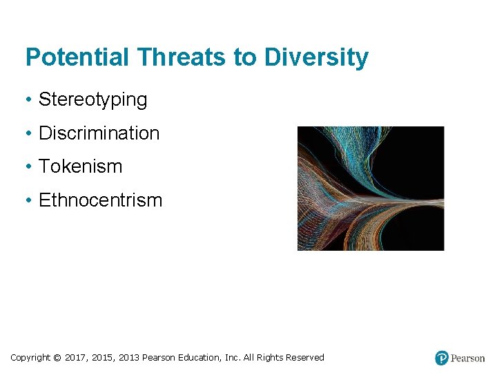 Potential Threats to Diversity • Stereotyping • Discrimination • Tokenism • Ethnocentrism Copyright ©