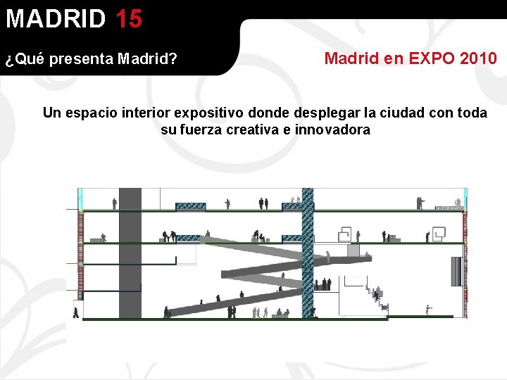 MADRID 15 ¿Qué presenta Madrid? Madrid en EXPO 2010 Un espacio interior expositivo donde