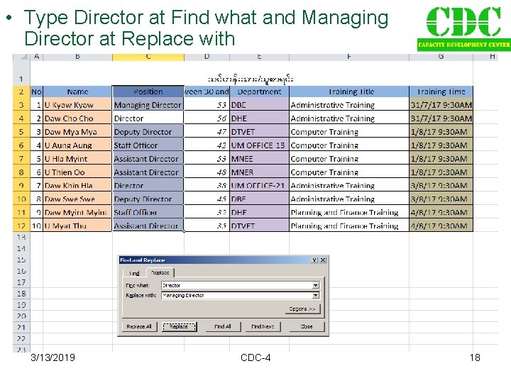  • Type Director at Find what and Managing Director at Replace with 3/13/2019