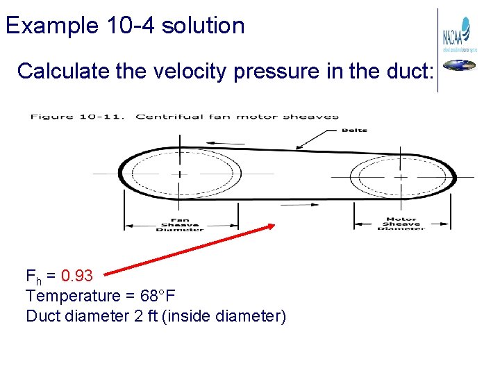 Example 10 -4 solution Calculate the velocity pressure in the duct: Fh = 0.