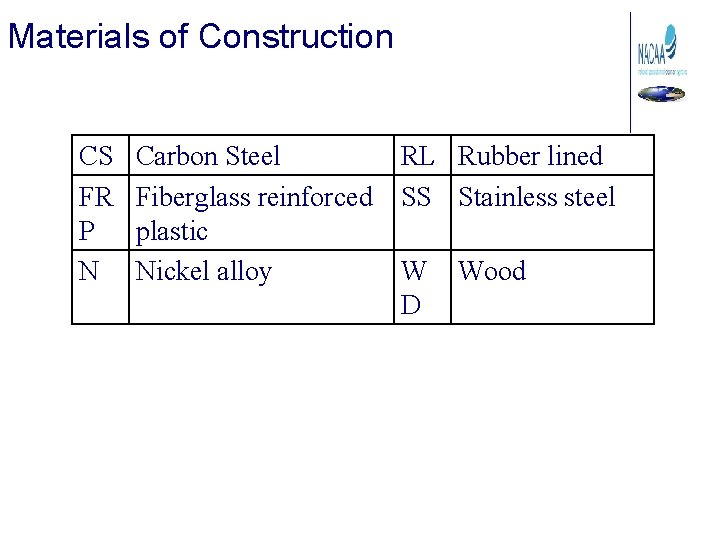 Materials of Construction CS FR P N Carbon Steel Fiberglass reinforced plastic Nickel alloy
