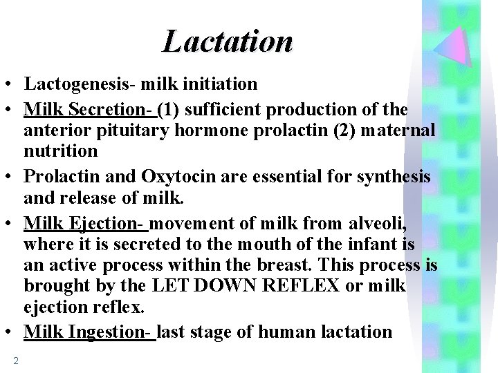 Lactation • Lactogenesis- milk initiation • Milk Secretion- (1) sufficient production of the anterior