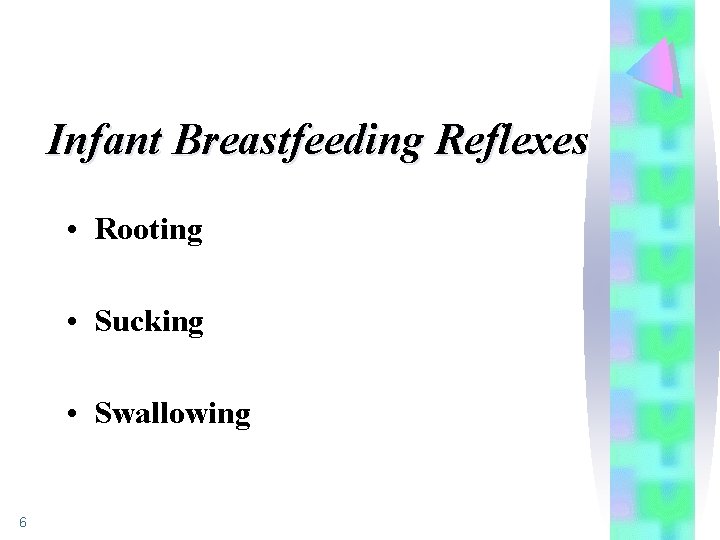 Infant Breastfeeding Reflexes • Rooting • Sucking • Swallowing 6 