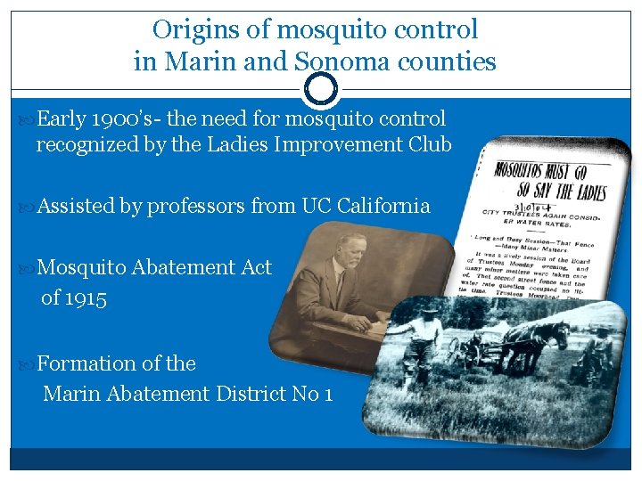 Origins of mosquito control in Marin and Sonoma counties Early 1900’s- the need for