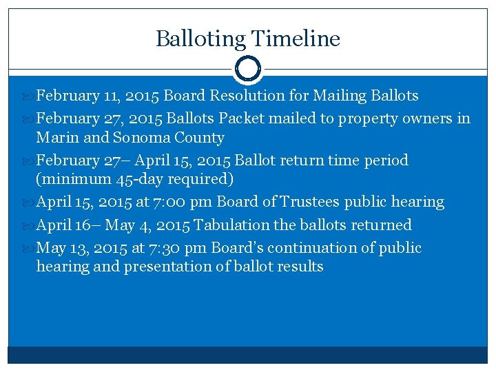Balloting Timeline February 11, 2015 Board Resolution for Mailing Ballots February 27, 2015 Ballots