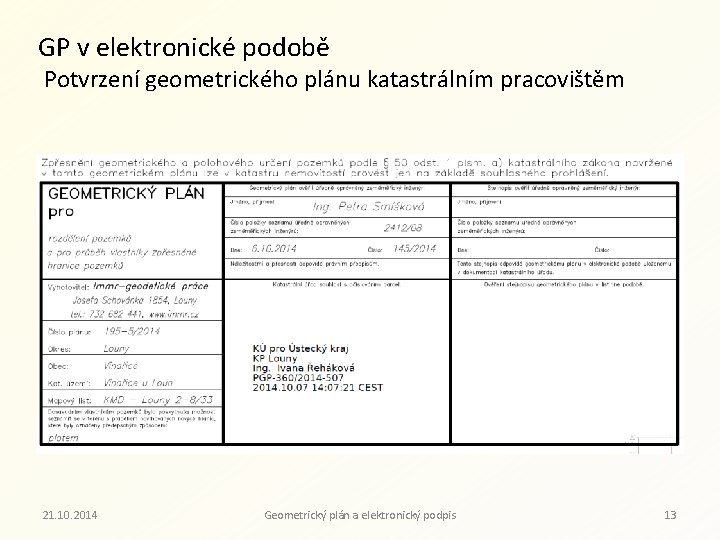 GP v elektronické podobě Potvrzení geometrického plánu katastrálním pracovištěm 21. 10. 2014 Geometrický plán