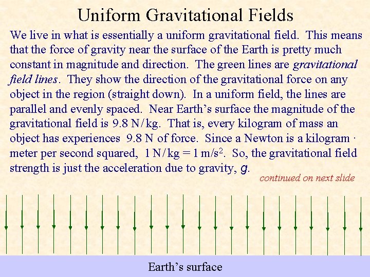 Uniform Gravitational Fields We live in what is essentially a uniform gravitational field. This