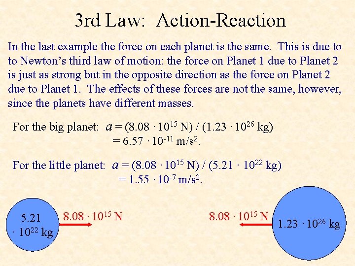3 rd Law: Action-Reaction In the last example the force on each planet is