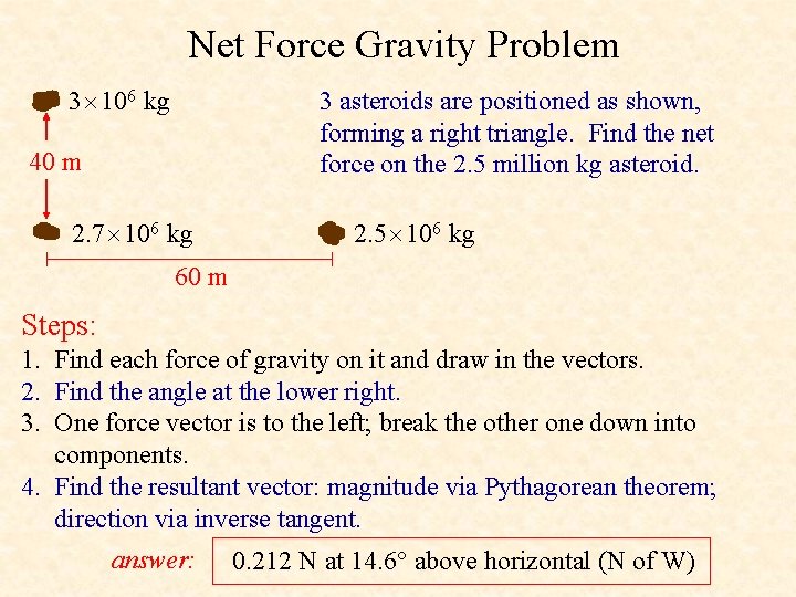 Net Force Gravity Problem 3 106 kg 3 asteroids are positioned as shown, forming