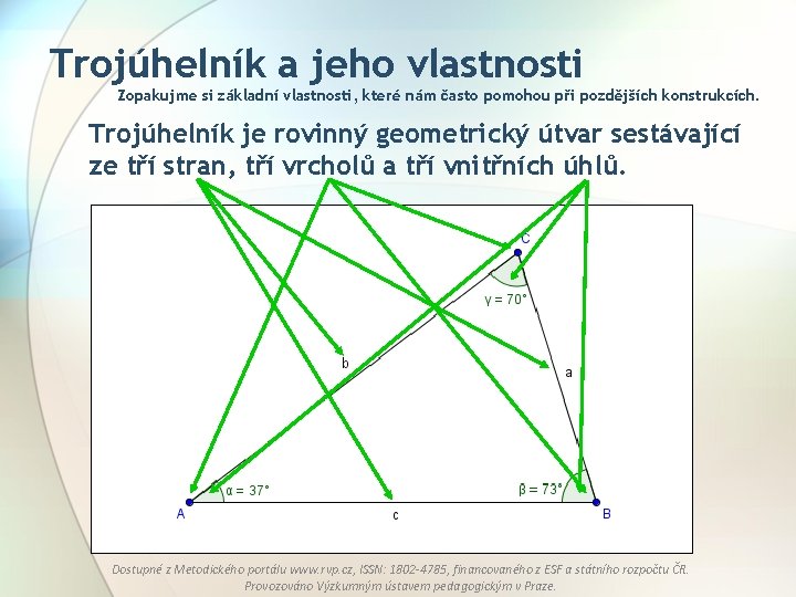 Trojúhelník a jeho vlastnosti Zopakujme si základní vlastnosti, které nám často pomohou při pozdějších