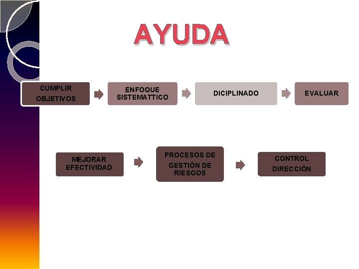 AYUDA CUMPLIR OBJETIVOS MEJORAR EFECTIVIDAD ENFOQUE SISTEMATTICO DICIPLINADO PROCESOS DE GESTIÓN DE RIESGOS EVALUAR