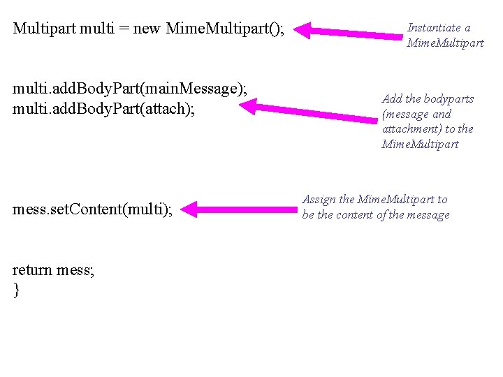 Multipart multi = new Mime. Multipart(); multi. add. Body. Part(main. Message); multi. add. Body.