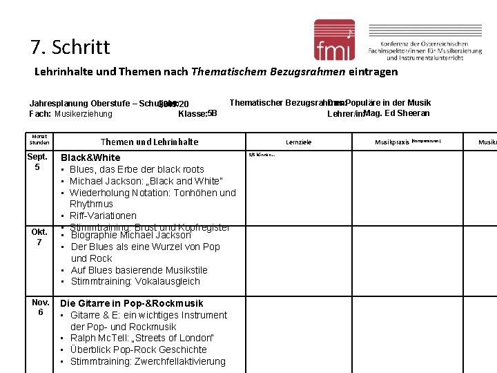 7. Schritt Lehrinhalte und Themen nach Thematischem Bezugsrahmen eintragen Jahresplanung Oberstufe – Schuljahr: 2019/20