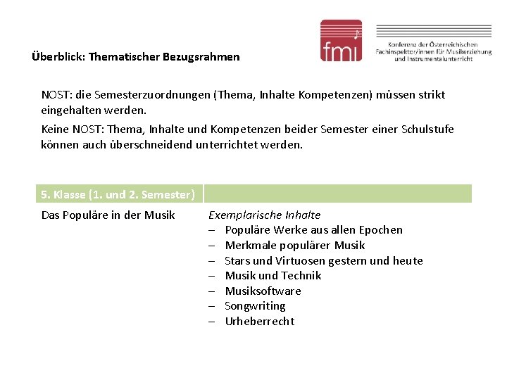 Überblick: Thematischer Bezugsrahmen NOST: die Semesterzuordnungen (Thema, Inhalte Kompetenzen) müssen strikt eingehalten werden. Keine