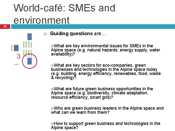 26 World-café: SMEs and environment Guiding questions are… What are key environmental issues for