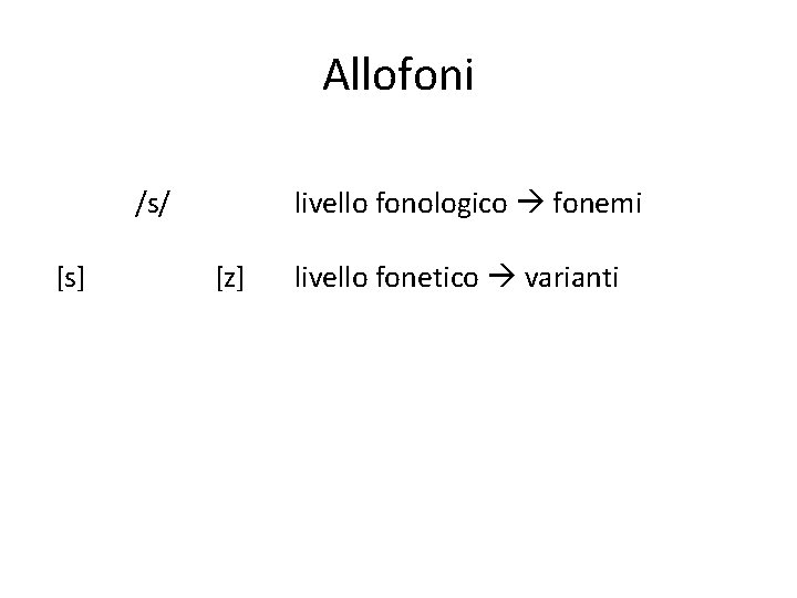 Allofoni /s/ [s] livello fonologico fonemi [z] livello fonetico varianti 