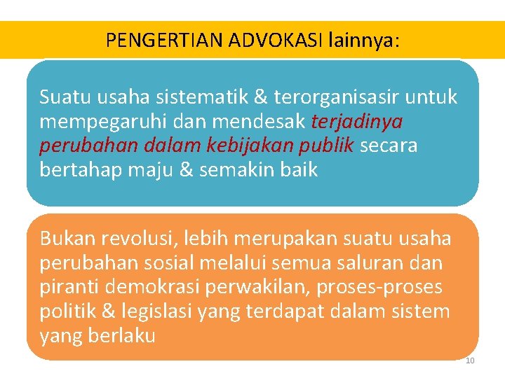 PENGERTIAN ADVOKASI lainnya: Suatu usaha sistematik & terorganisasir untuk mempegaruhi dan mendesak terjadinya perubahan