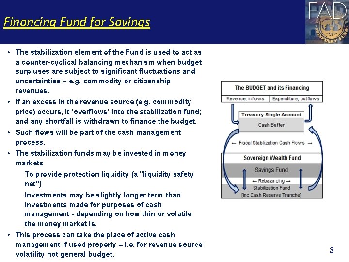 Financing Fund for Savings • The stabilization element of the Fund is used to