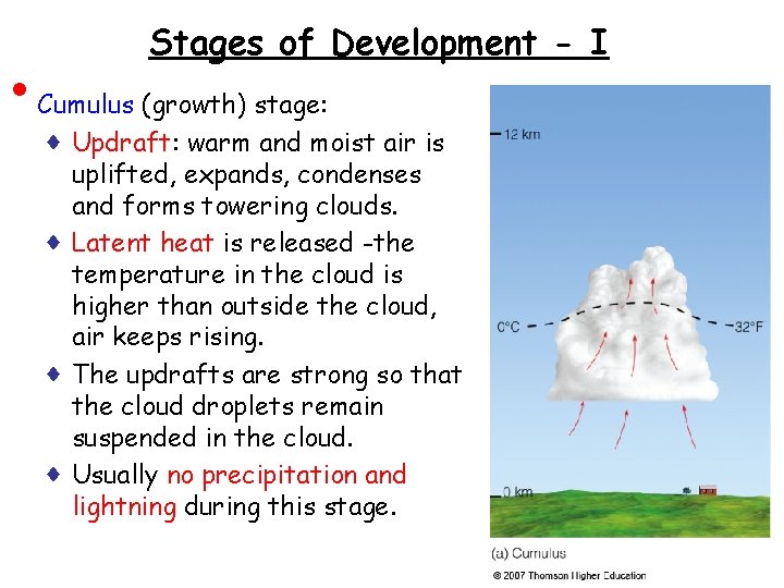 • Stages of Development - I Cumulus (growth) stage: ♦ Updraft: warm and • Stages of Development - I Cumulus (growth) stage: ♦ Updraft: warm and