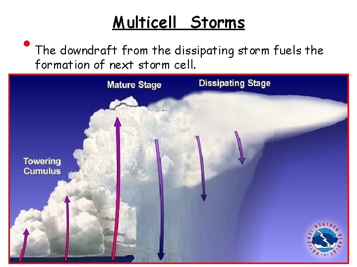 • Multicell Storms The downdraft from the dissipating storm fuels the formation of • Multicell Storms The downdraft from the dissipating storm fuels the formation of